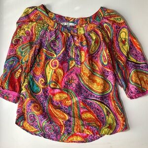 Trina Turk Multicolored Half Sleeve Button Up Blouse 100% Silk Sz P G